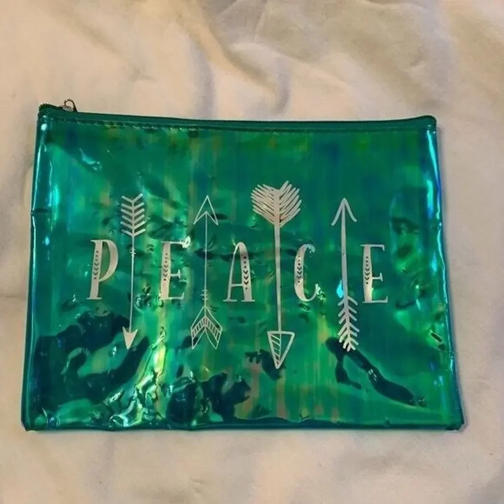 Peace Cosmetic Bag Translucent Zip Closure Silver Lettering Arrows 8x5.5 Inches